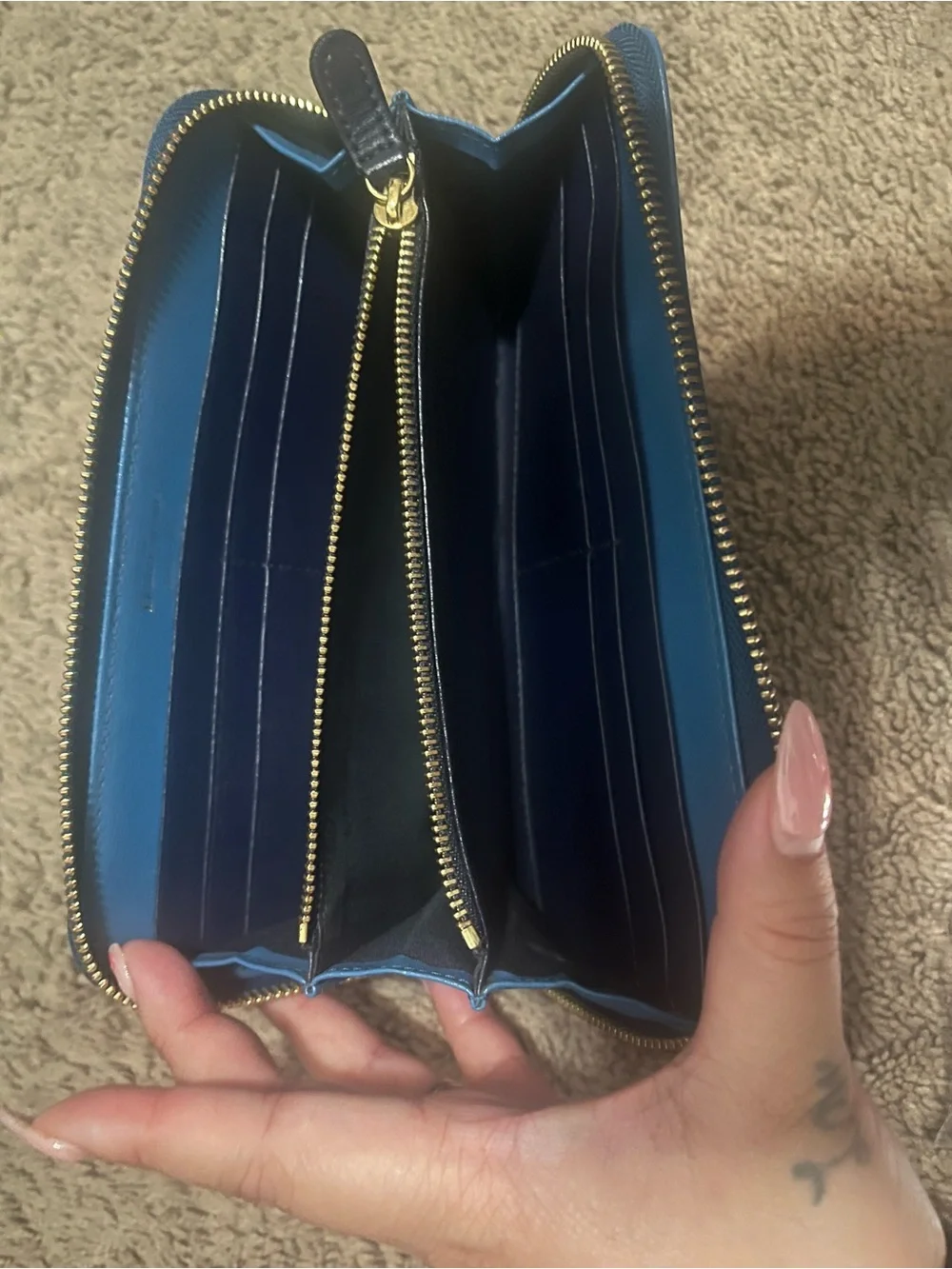Salvatore Ferragamo Blue Leather Zip Wallet with Gold Accent